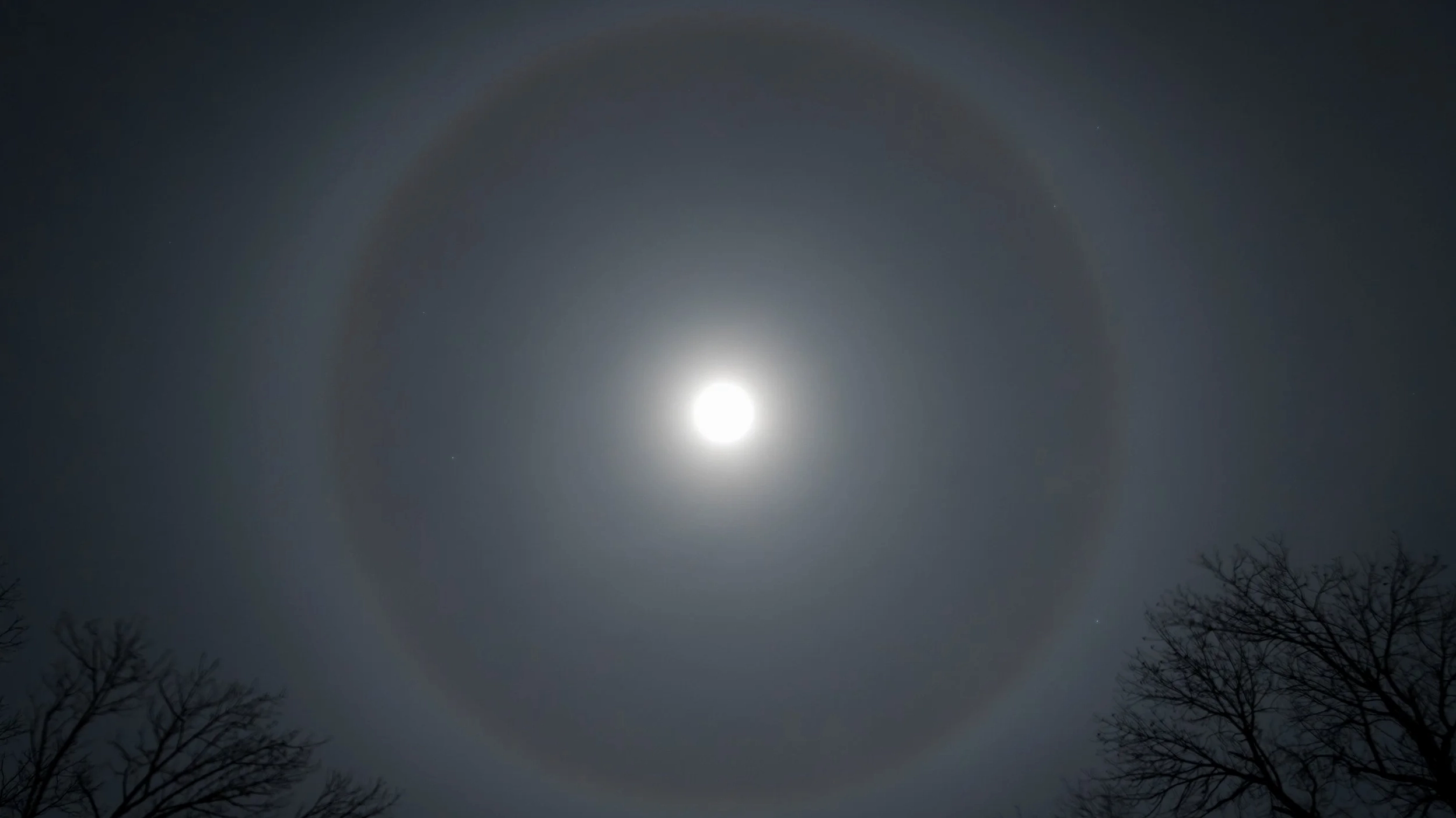 A cirrostratus fibratus cloud formation exhibiting a distinct 22° halo around the sun.