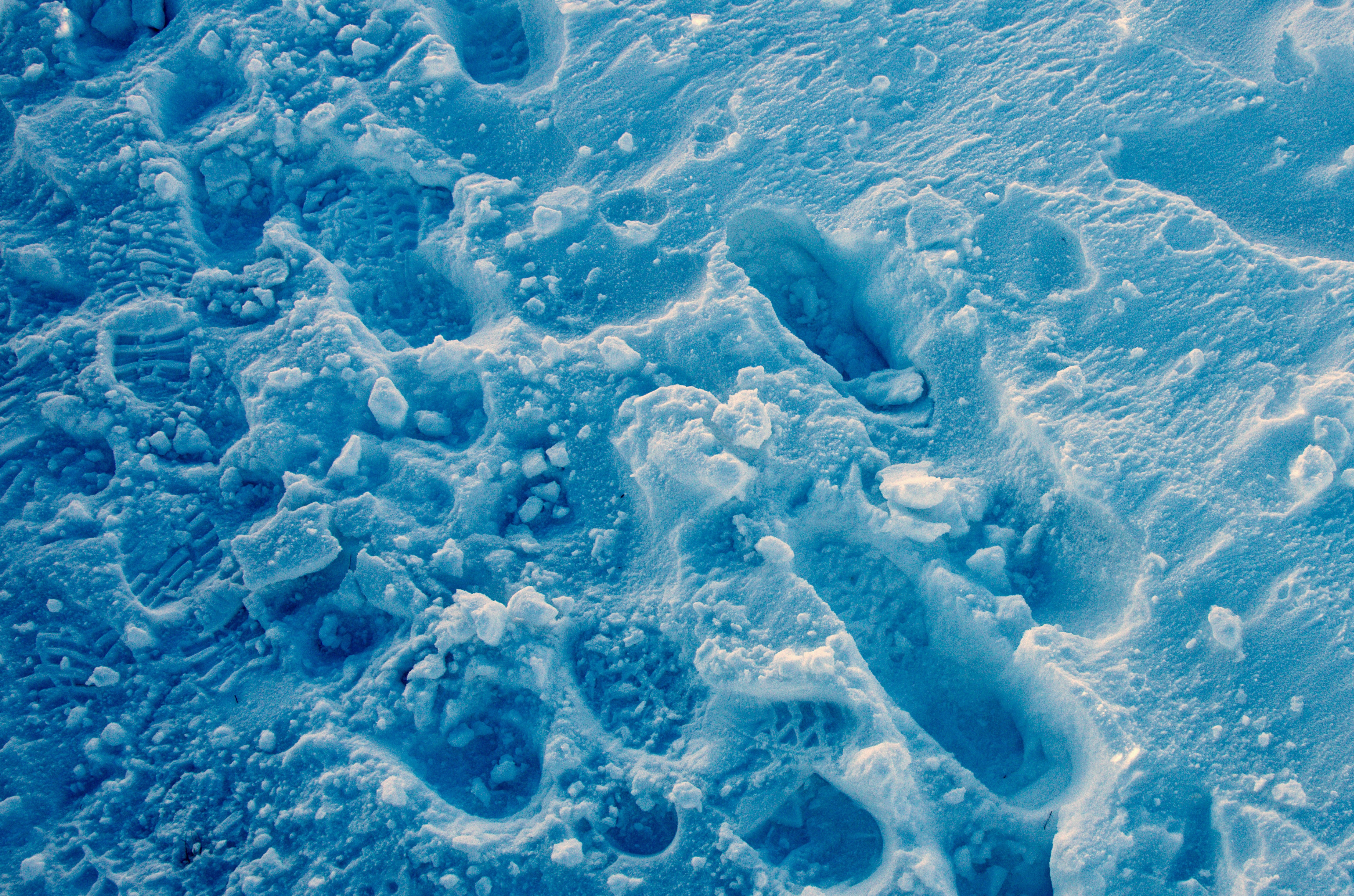 Blue tints in deep snow caused by light filtering