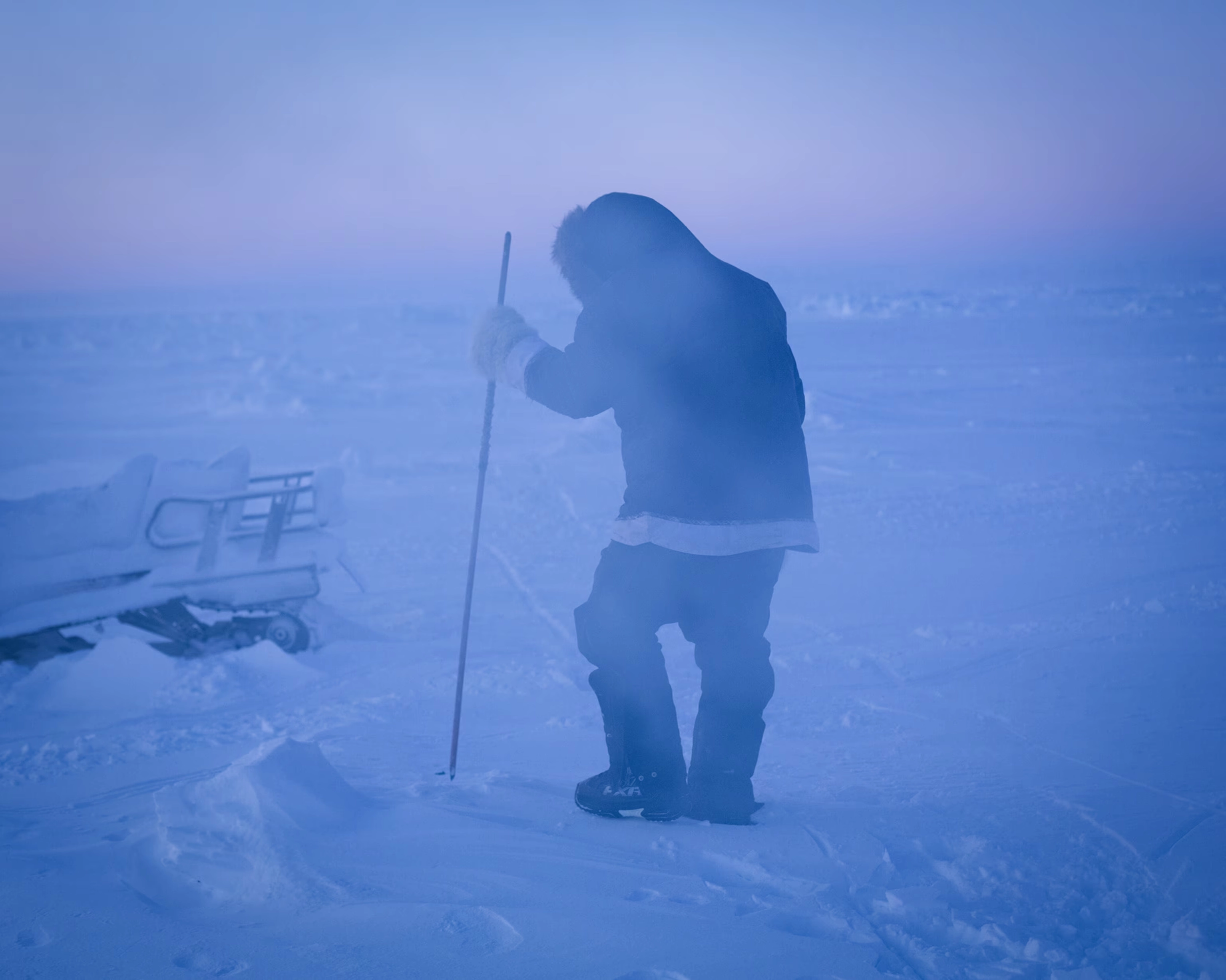 Darcy Enoogoo searching for seal breathing holes near Arctic Bay
