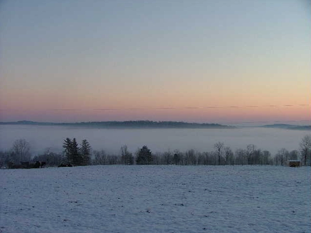 Dense valley fog obscuring a valley landscape in Harrison County, Indiana
