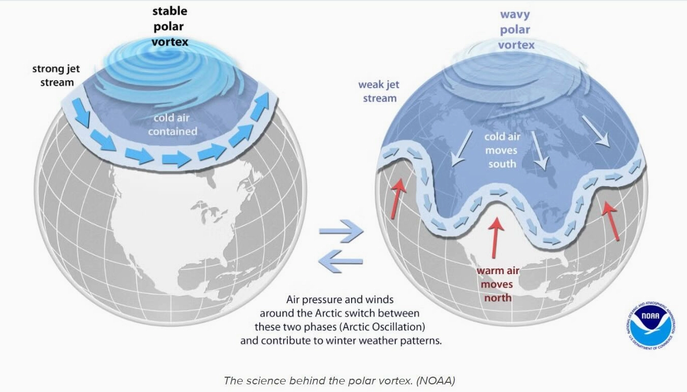 Diagram illustrating the weakening of the Polar Vortex