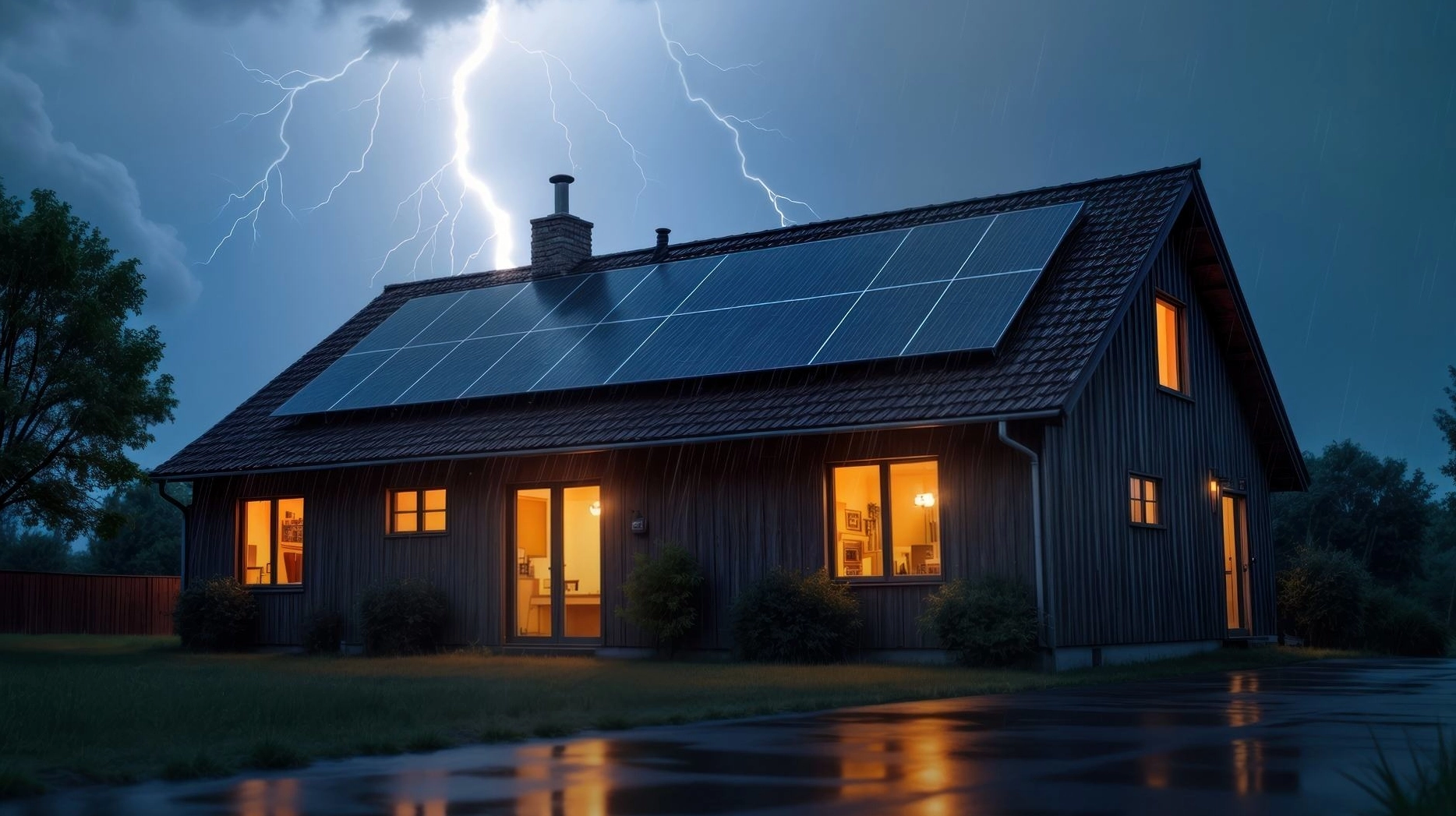 Home with solar panels during a lightning storm