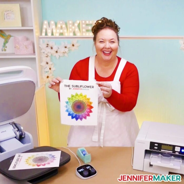 Jennifer with a sublimation test print featuring a floral design