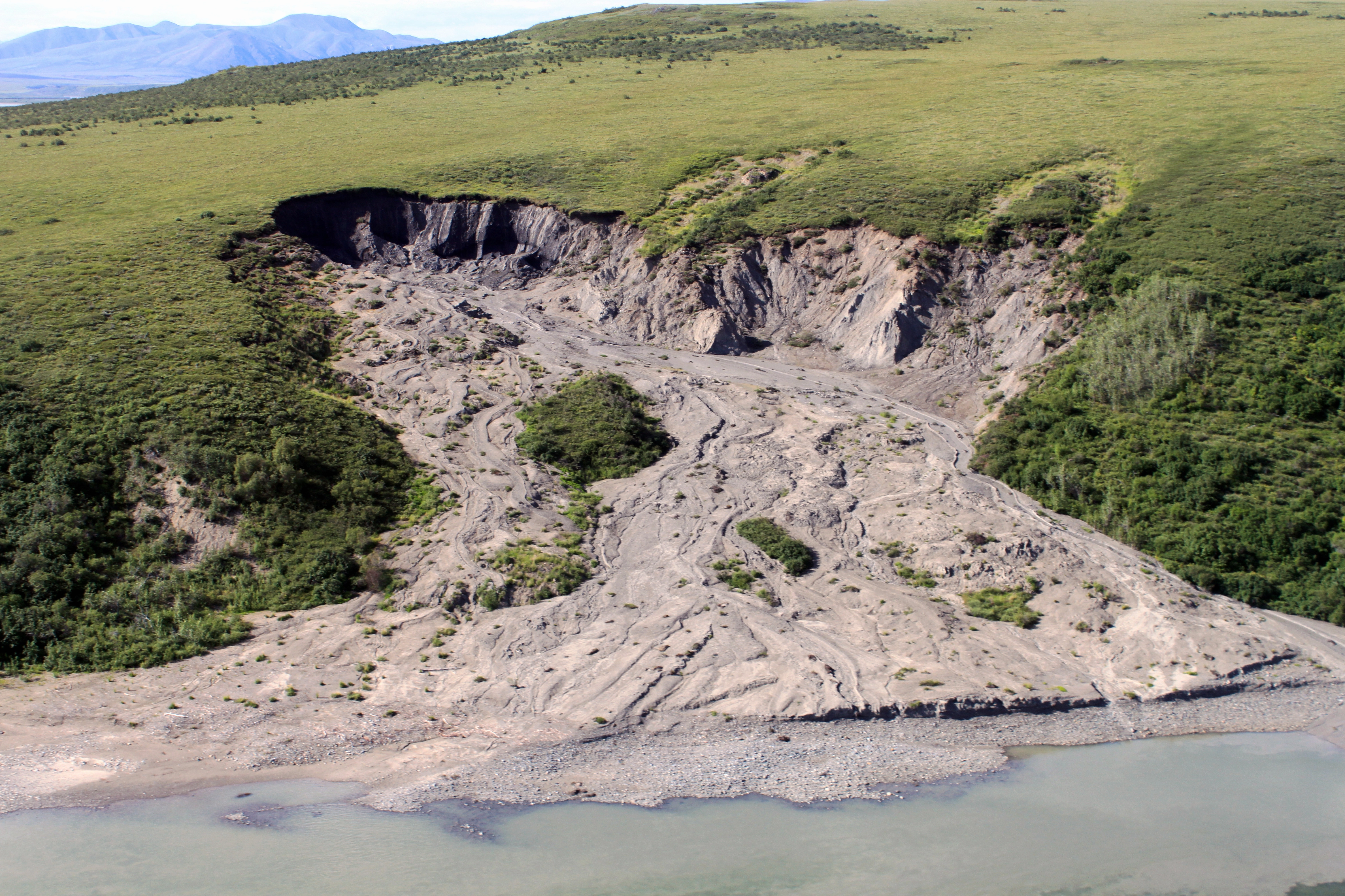 Landslide caused by thawing permafrost in Alaska.