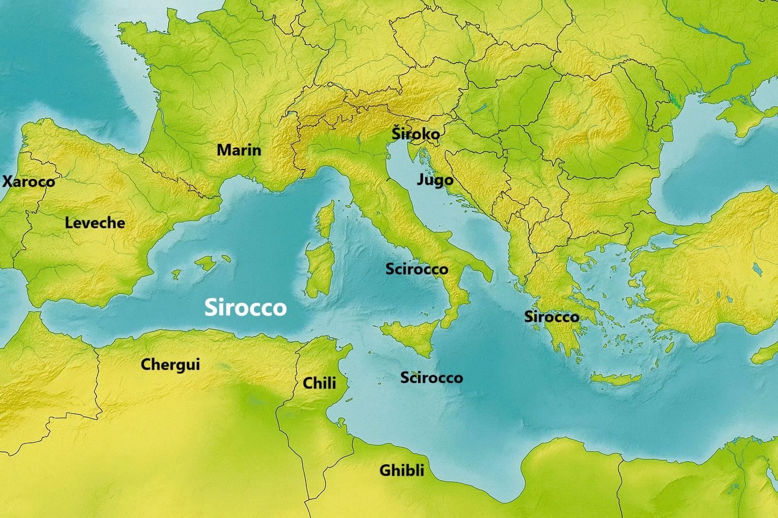 Map illustrating the locations of various world winds including Mistral and Sirocco