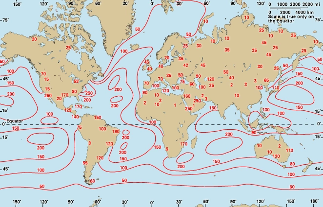 Map showing global distribution of mean annual evaporation