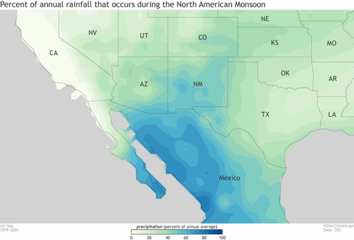 Percentage of annual rainfall occurring during the North American Monsoon season
