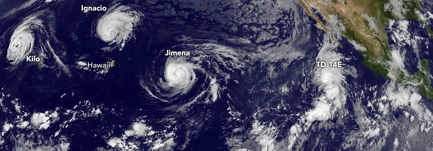 Satellite image showing multiple tropical cyclones in the Pacific during an El Niño event.