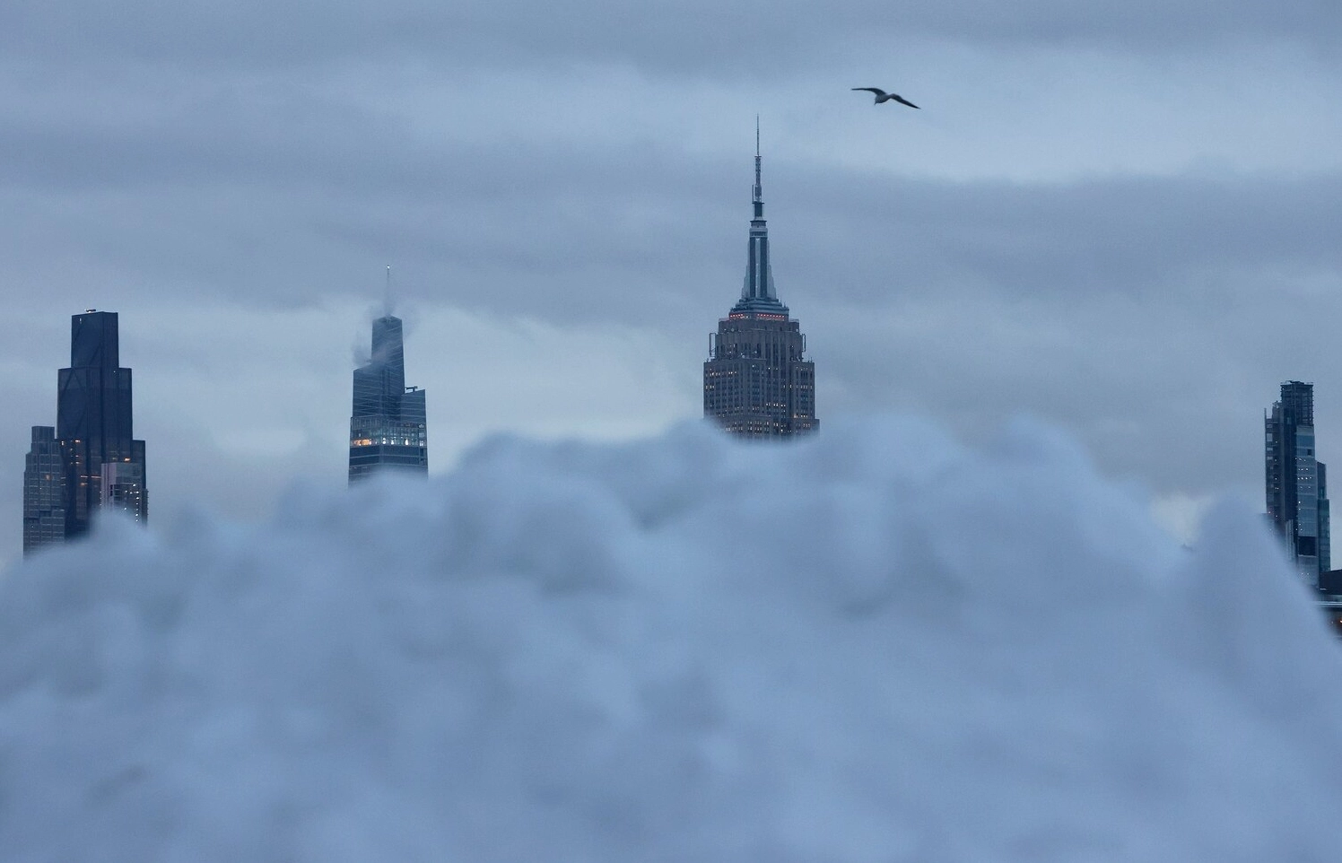 Snowbank in Hoboken, New Jersey, with the New York City skyline in the background