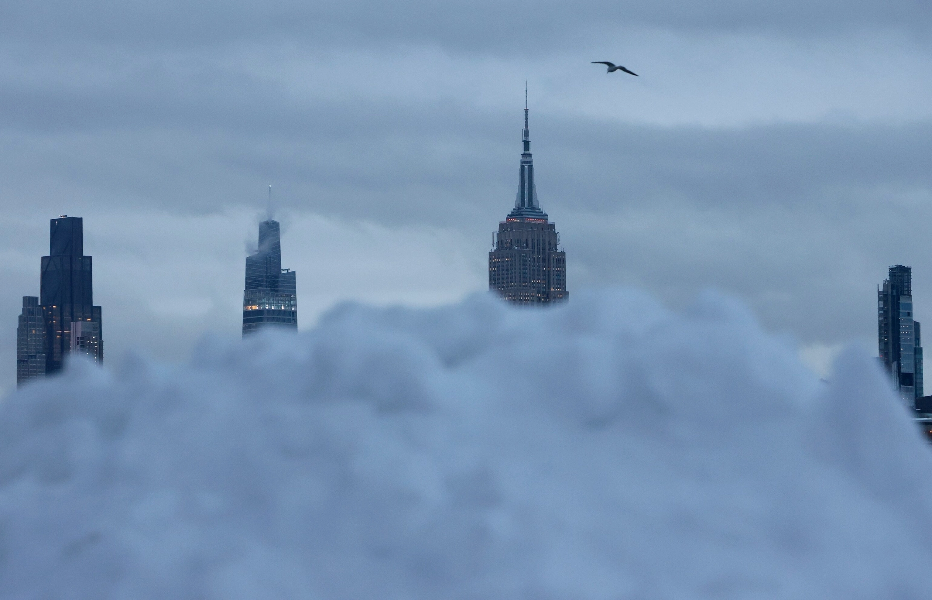 Snowbank in Hoboken, New Jersey, with the New York City skyline in the background