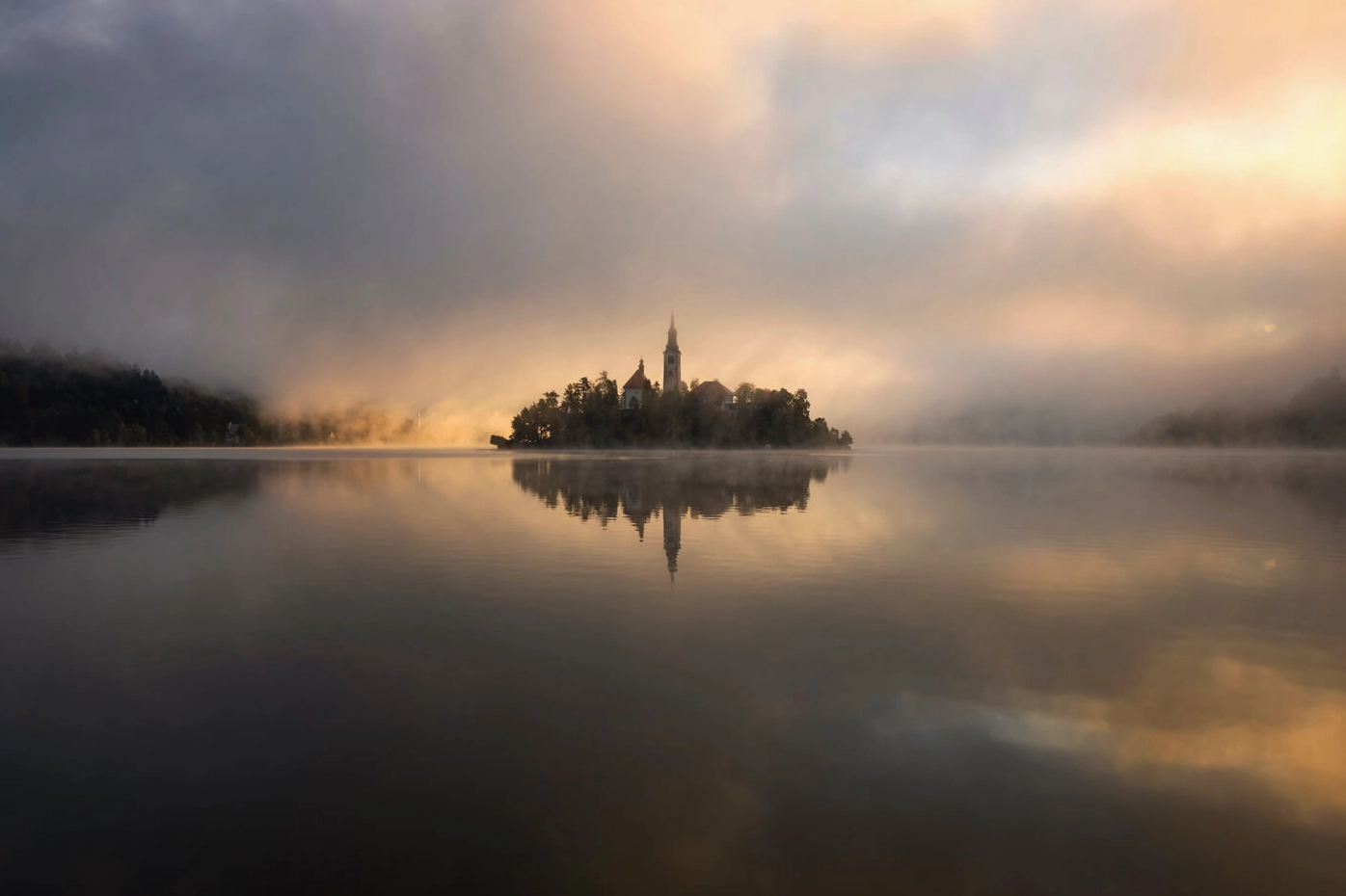 Sunrise at Lake Bled, Slovenia, a scene of natural beauty