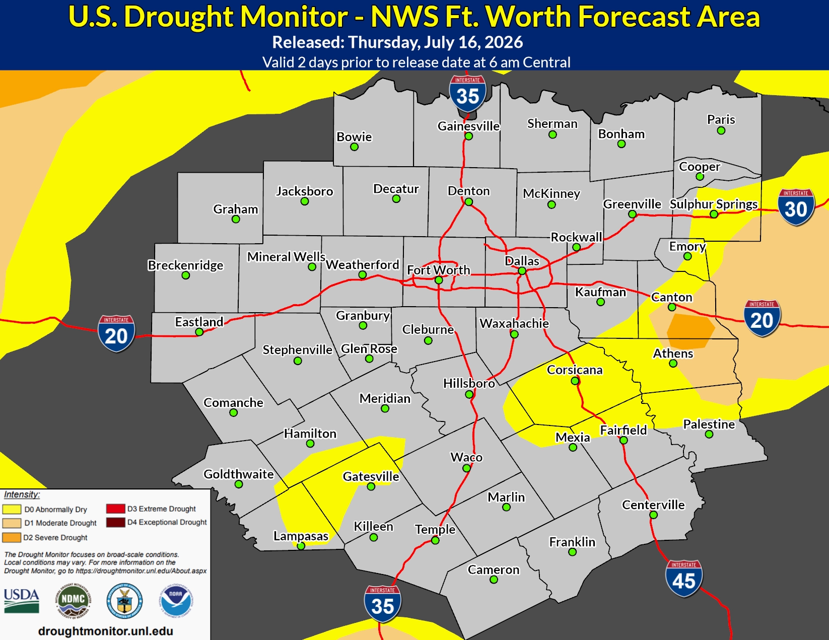 U.S. Drought Monitor map for North and Central Texas
